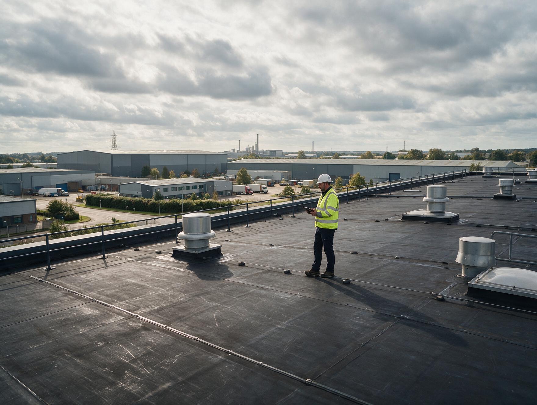 Roofing surveyor with a tablet inspecting a large distribution warehouse roof