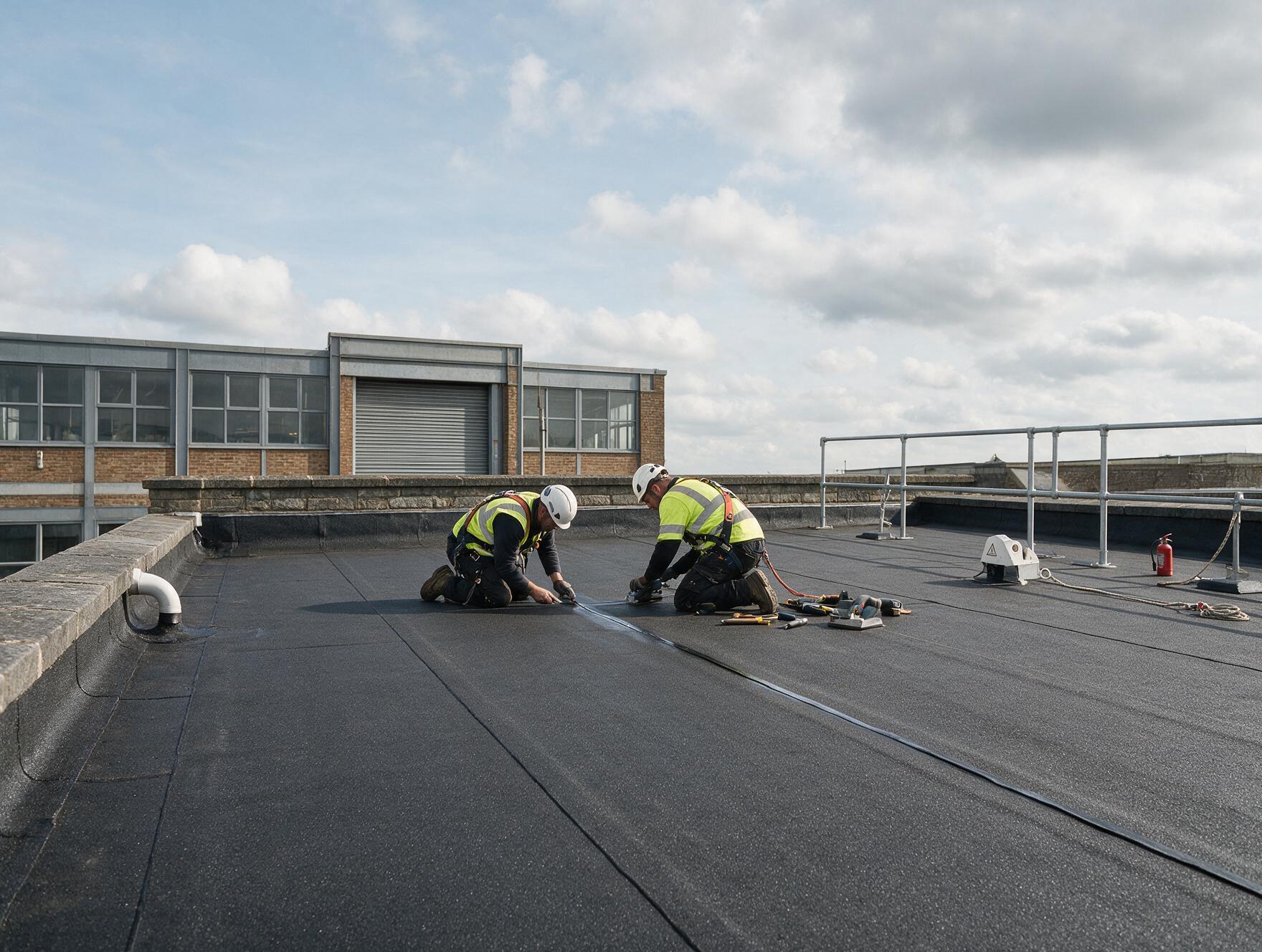 Roofing contractors in high visibility clothing working on a flat commercial roof