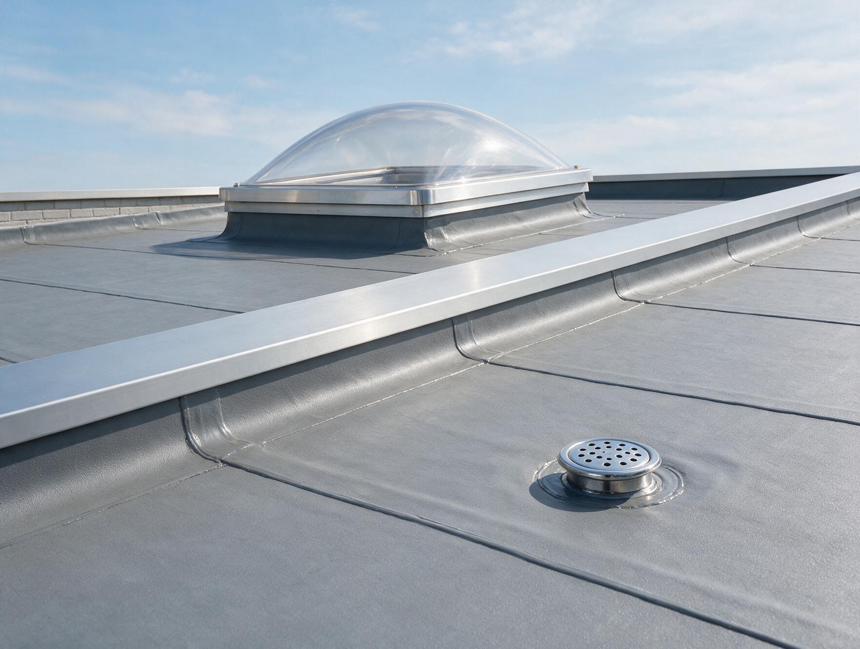 Close up of a refurbished single ply flat roof with welded seams and edge trim